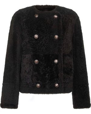 Brunello Cucinelli Shearling Fuzzy Reversible Cropped Pea Coat - Black