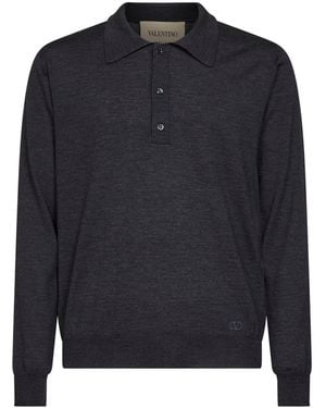 Valentino Dark Wool Polo Shirt With Vlogo Embroidery - Blue
