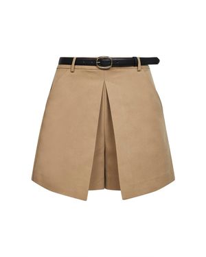 Self-Portrait Cotton Blend Gabardine Belted Skort - Natural