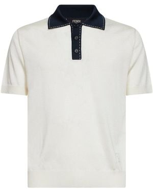 Fendi Natural Viscose Knit Polo Shirt With Contrasting Details - White