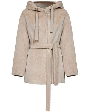 Herno Resort Chantilly Beaver Midi Hooded Belted Jacket - Natural