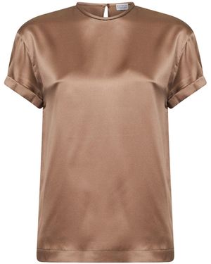 Brunello Cucinelli Stretch Silk Satin Monili Blouse - Brown