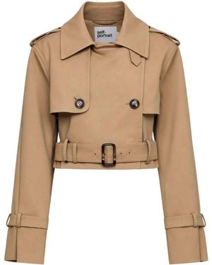 Self-Portrait Cotton Blend Cropped Trench Jacket - Natural