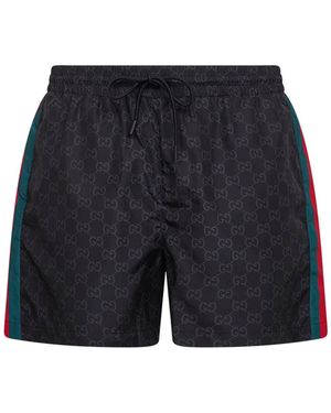 Gucci Gg Print Nylon Swim Shorts With Web Detail - Blue