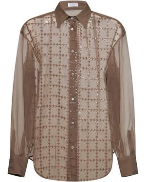Brunello Cucinelli Rope Silk Georgette Embroidered Shirt - Brown