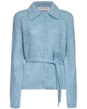 Dries Van Noten Alpaca Blend Toco Belted Polo-Style Cardigan - Blue