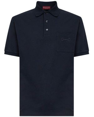 Gucci Dark Stretch Cotton Pique Embroidered Polo Shirt - Blue