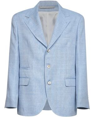 Brunello Cucinelli Linen And Virgin Wool Chevron Deconstructed Blazer - Blue