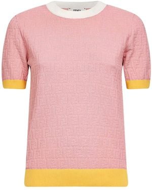 Fendi Ff Cotton And Silk Jumper With Colour Block Edges - Pink