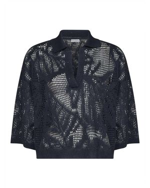 Brunello Cucinelli Linen And Cotton Knit Dazzling Water Lillies Polo Shirt - Blue