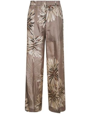 Brunello Cucinelli Khaki Silk Bloom Print Pongée Sartorial Track Trousers With Monili - Natural