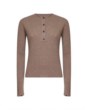 Uma Wang Tan Ribbed Cashmere Knit Henley Top - Brown