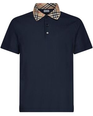 Burberry Cotton Pique Polo Shirt With Check Collar - Blue