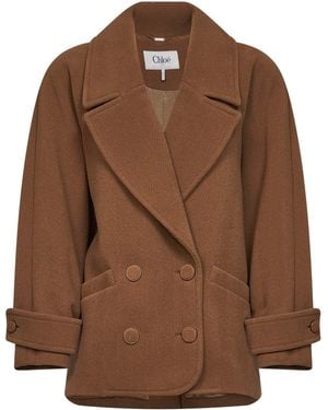 Chloé Dusty Herringbone Wool Short Coat - Brown
