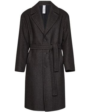 Hevò And Taupe Herringbone Wool-Blend Ostuni Single-Breasted Belted Coat - Black