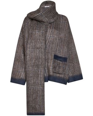 Brunello Cucinelli Light Prince Of Wales Double Knit Jacket With Scarf - Gray