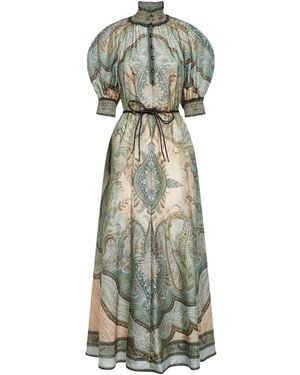 Zimmermann Tapestry-Print Silk Habotai Billow Wanderlust Midi Dress - White