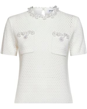 Self-Portrait Cream Openwork Knit Top With Bead Embroidery - White