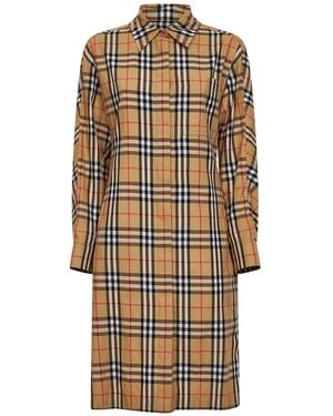 Burberry Sand Check Cotton Midi Shirt Dress - Natural