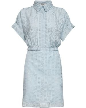 Fendi Light Burnout Silk Blend Mini Shirt Dress - Blue