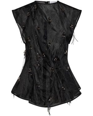 GIUSEPPE DI MORABITO Organza Embroidered Ssymmetric Sleeveless Top - Black