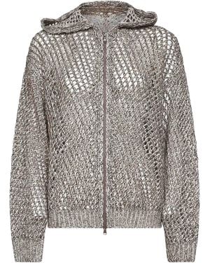 Brunello Cucinelli Rope Silk And Linen Net Knit Dazzling Chiné Cardigan - Grey