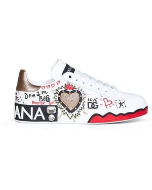Dolce & Gabbana Hand-Painted Leather Portofino Low-Top Sneakers - White