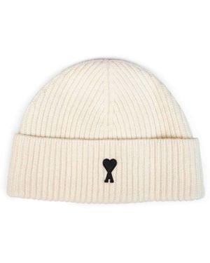 Ami Paris Ecru Ribbed Felted Merino Wool Knit Ami De Coeur Beanie - Natural