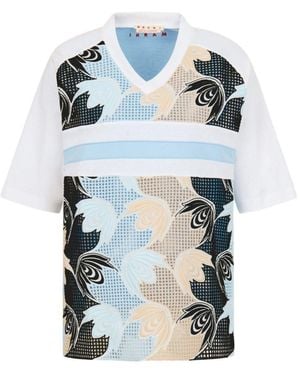 Marni Cotton T-Shirt With Macramé Insert - Blue
