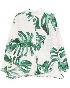 Raquel Diniz Leaf-Print Curved-Hem Shirt - Green