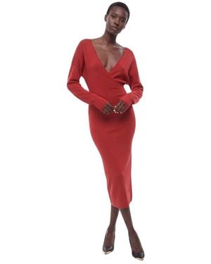 P.A.R.O.S.H. Solid V Neck Midi Dress - Red