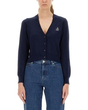 A.P.C. Logo V Neck Cardigan - Blue