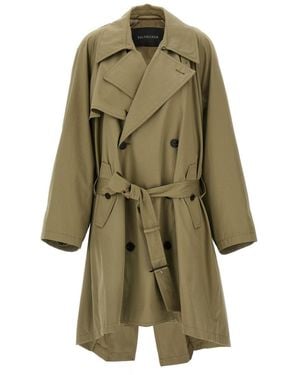 Balenciaga Draped Neck Double-Breasted Trench Coat - Green