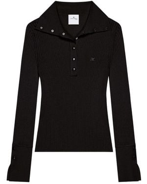 Courreges Fitted Ribbed Long-Sleeve Top With Unique Collar - Black
