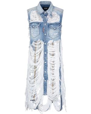 DSquared² Distressed Shirt Collar Midi Dress - Blue