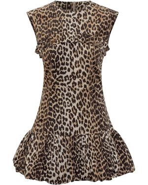 Ganni Animal Print Round Neck Mini Dress - Brown