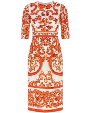 Dolce & Gabbana Printed Round Neck Midi Dress - Orange