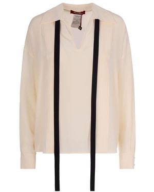 Max Mara Relaxed Tie Neck Pleated Shirt - Natural