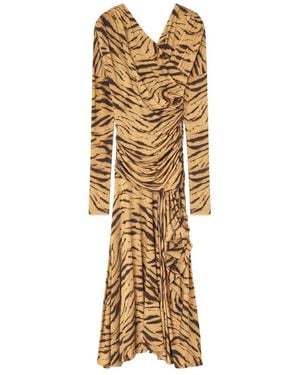 Ganni Khaki Tiger Print Ruched Dress - Metallic