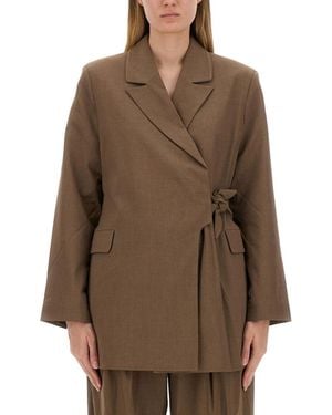 Ganni Solid Notched Lapel Blazer - Brown