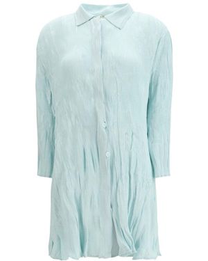 GONGDID DESIGN Light Pleated Shirt Collar Mini Dress - Blue