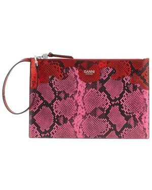 Ganni Snake-Print Recycled Leather Clutch - Red