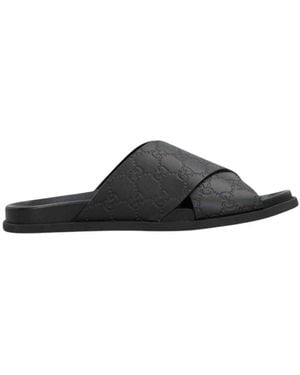 Gucci Logo Leather Slides - Black