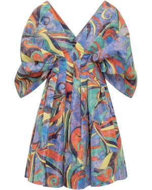 Rochas Printed V Neck Mini Dress - Blue