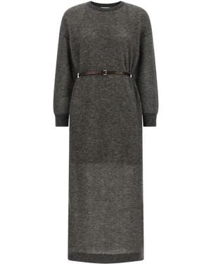 Brunello Cucinelli Textured Crew Neck Midi Dress - Gray