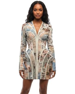 Balmain Printed V Neck Mini Dress - Brown
