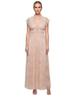 Alberta Ferretti Lace V Neck Maxi Dress - Pink