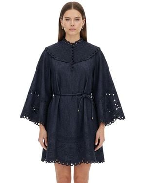 Zimmermann Embroidered Mandarin Collar Dress - Blue
