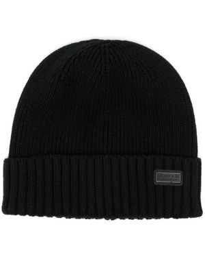 Barbour Logo Patch Ribbed Knit Turn-Up Brim Hat - Black
