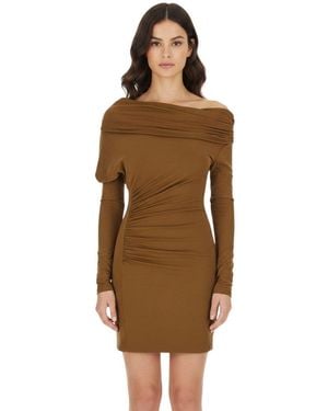 ANDAMANE Solid Off Shoulder Mini Dress - Brown